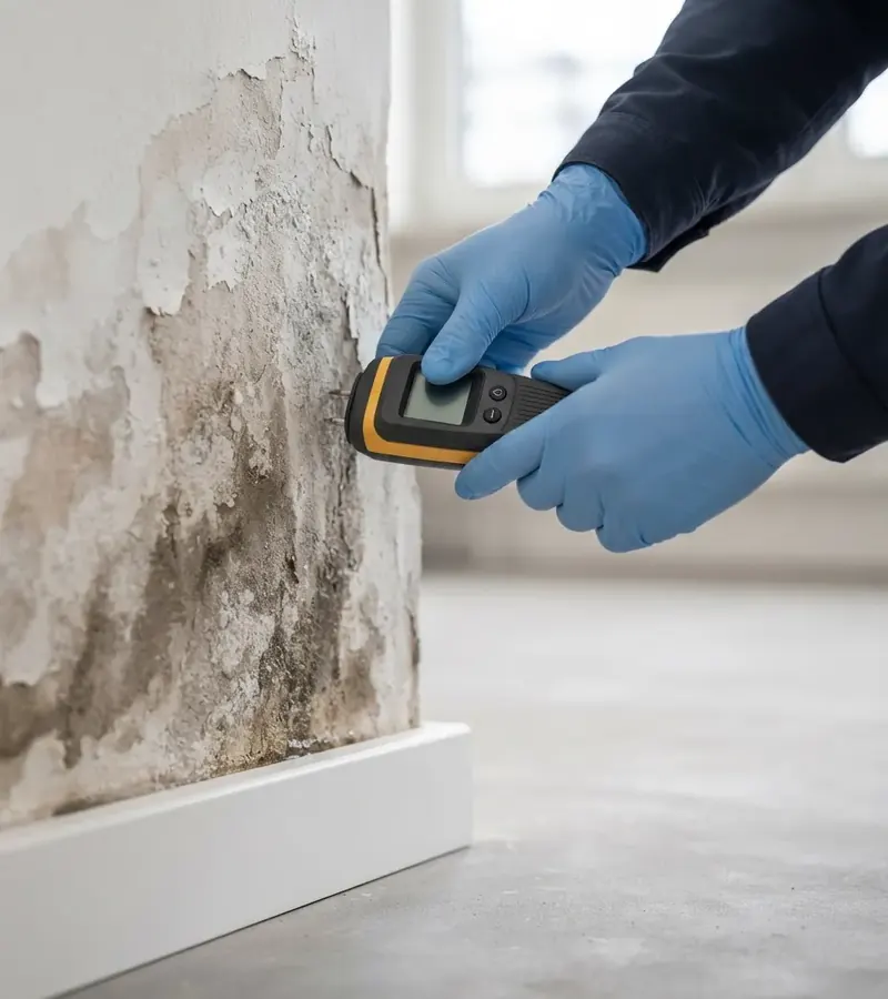 Técnico midiendo la humedad en la parte baja de una pared en Herencia