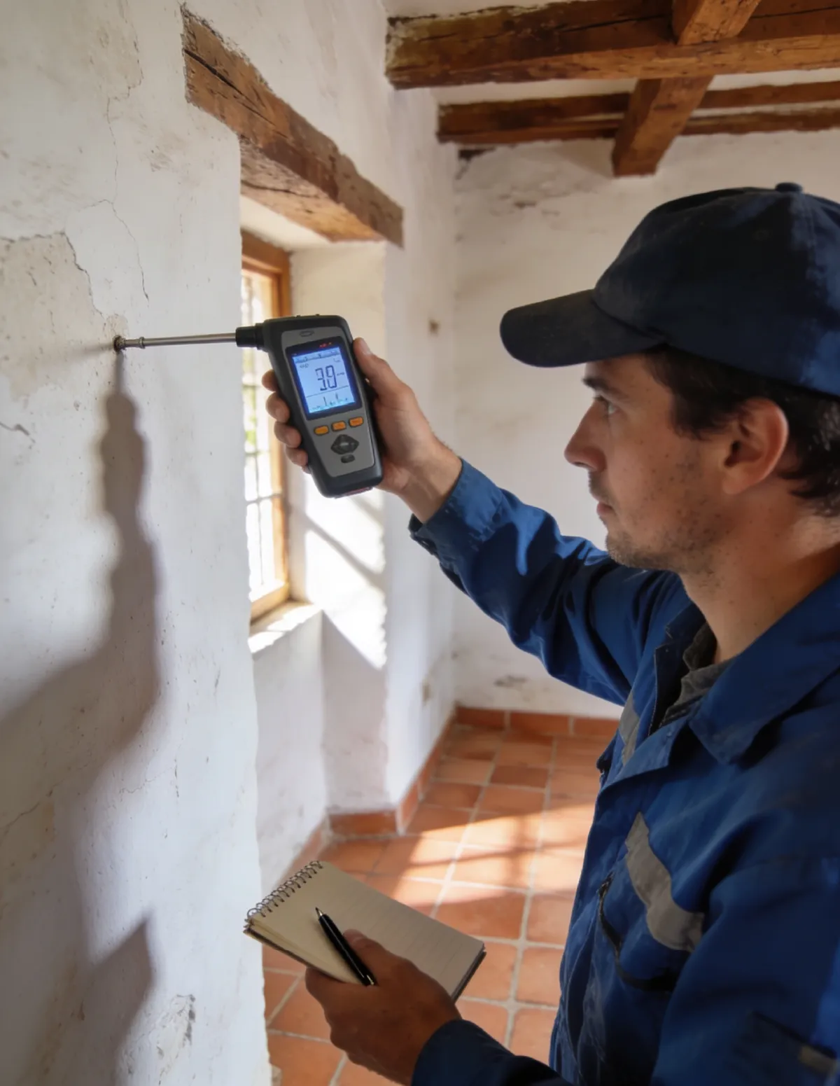 Técnico HUMIX midiendo la humedad de un muro antiguo en Herencia